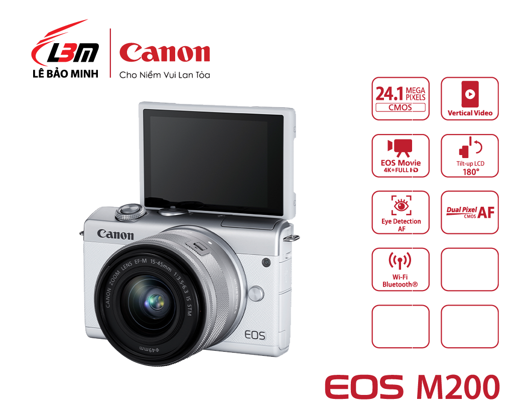 Canon EOS M200 KIT 15-45 IS STM Chính Hãng (TRẮNG/ĐEN)